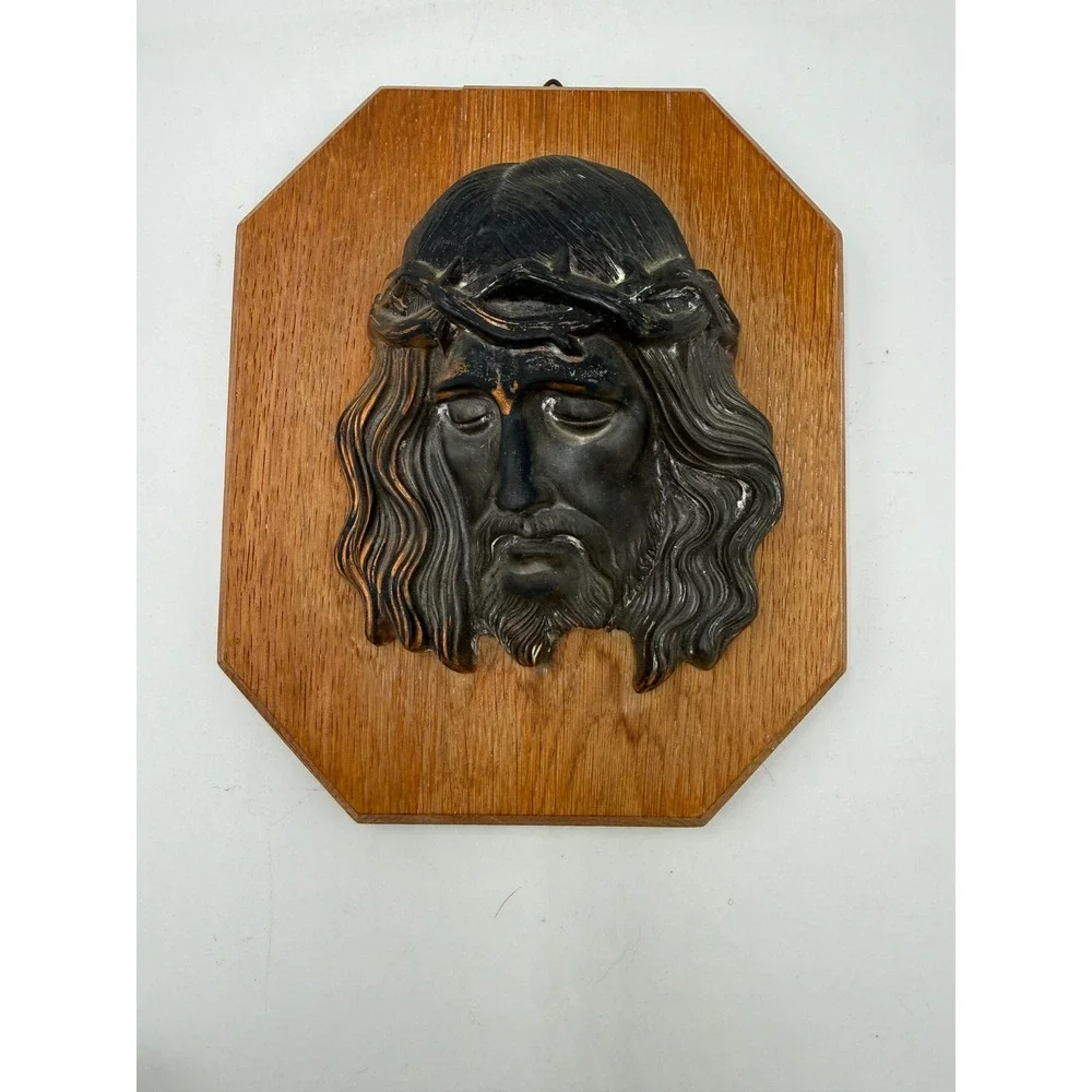 Jesus Wall Plaque Religious Brown Metal Relief Wood Octagon Decor 7
